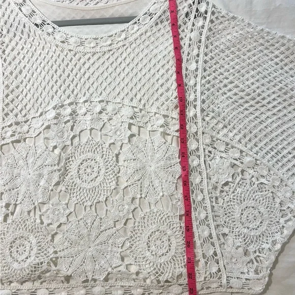 Bohemian Crochet Top Blouse  White Bat Wing Sleeves SZ M EUC - Picture 6 of 6
